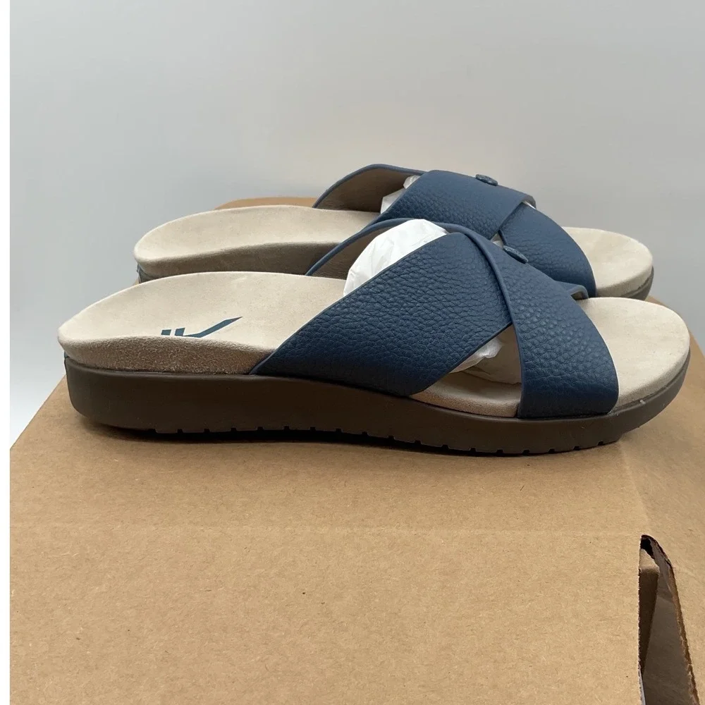 Kuru Footwear Blue Leather Criss Cross Slide Sandals Comfort Arch Support 9M